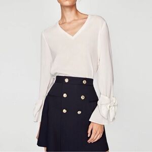ZARA Satin V Neck Blouse Bow Cuff Sleeves Size LARGE Off White Feminine Rare